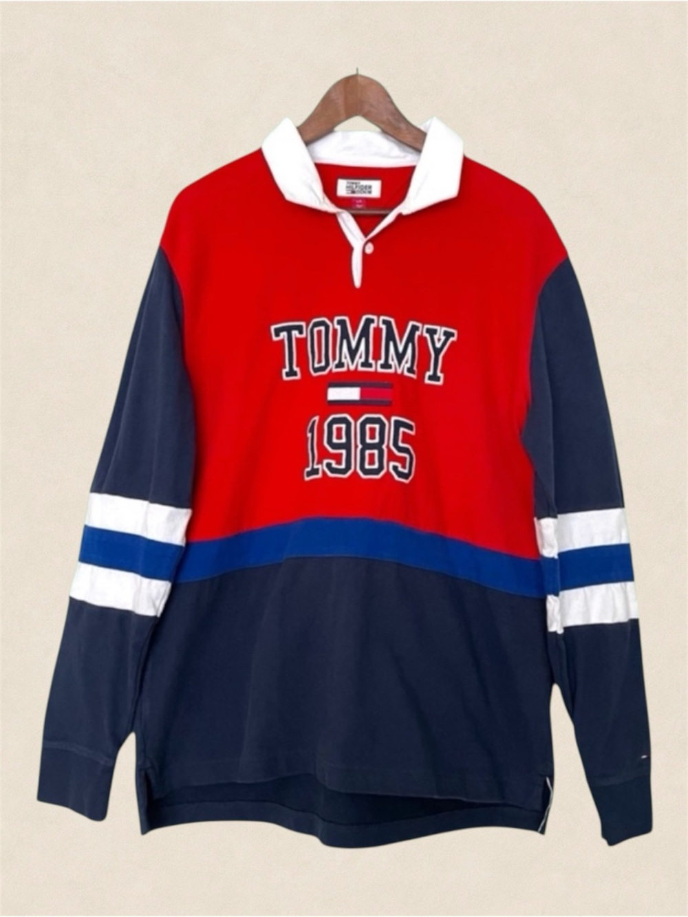 Tommy Hilfiger Rugby Polo Shirt Large Red Navy Colorblock Long Sleeve 1985 Logo